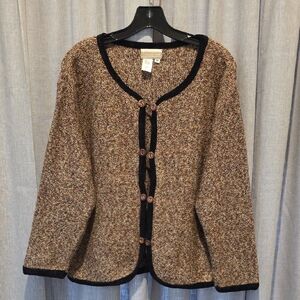 Coldwater Creek Brown Tweed Cardigan Sweater with Black Velvet Trim
